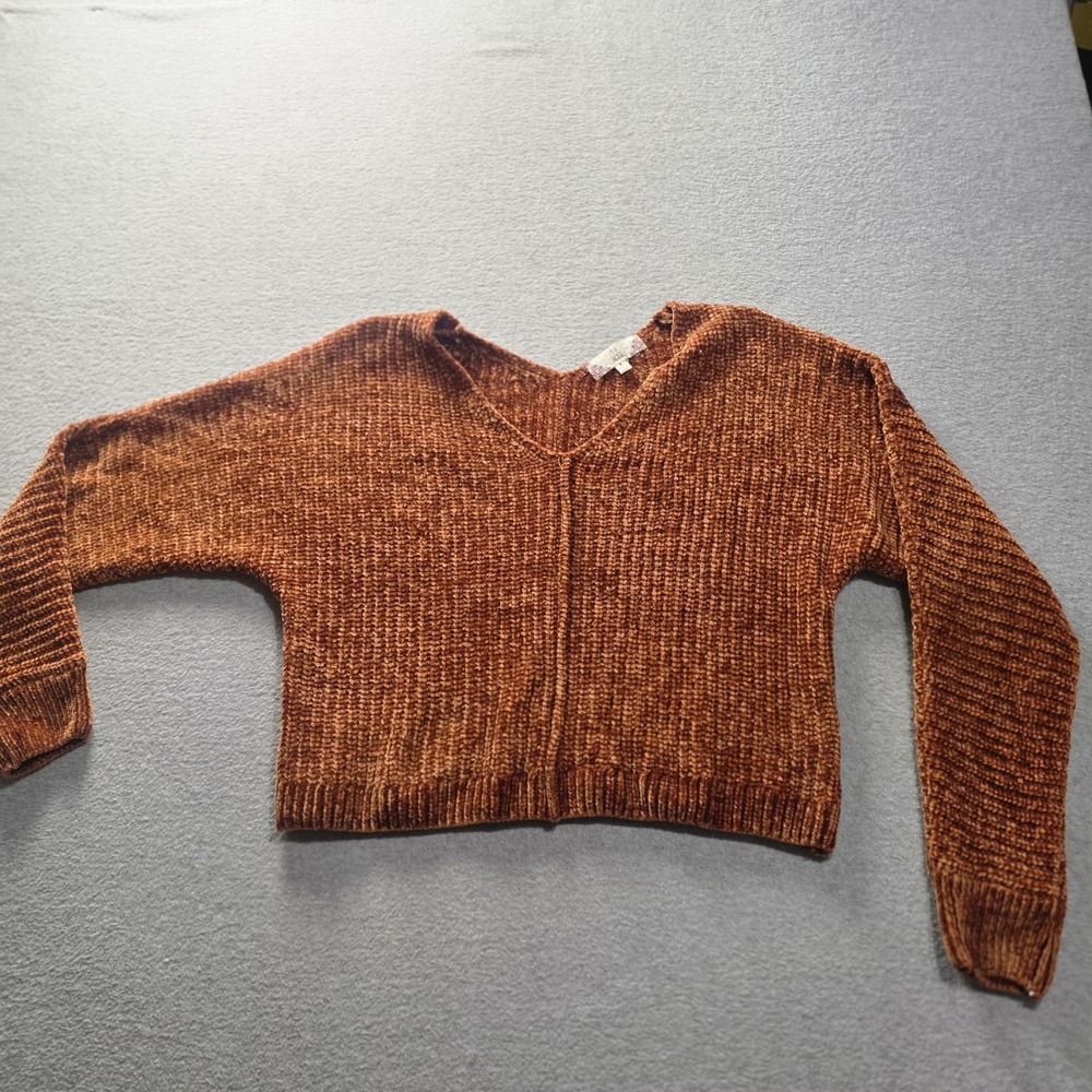 Pink Rose Cropped Sweater Womens S Rust Chenille V Neck Oversized Cozy Pullover